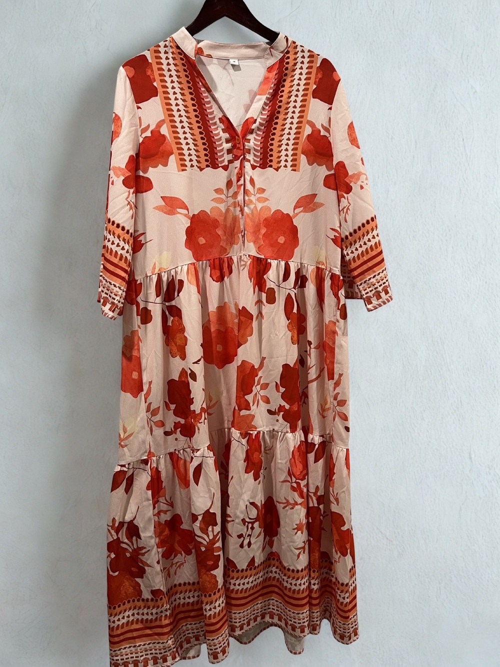 Boho Floral Tie-Neck Maxi Dress in Coral